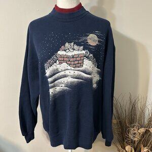 Vtg Calico Harbor Women Blue Sweatshirt Cats In Chimney Print Christmas Sz L USA